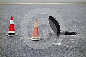 Open sewer manhole photo