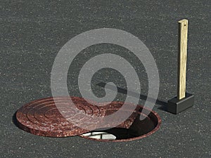 An open sewer. Old rusty hatch cover. Sewerage repair. 3D illustration.