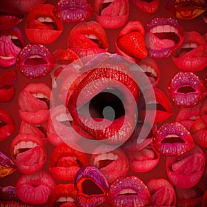 Open sexy mouth. Lips and mouth. Female lip in red background. Woman lips.