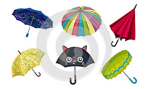 Open Shaped Bright Umbrellas for Rainy Weather Protection Vector Set