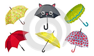 Open Shaped Bright Umbrellas for Rainy Weather Protection Vector Set