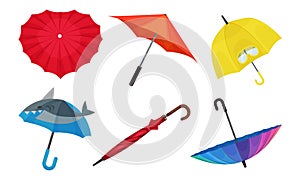 Open Shaped Bright Umbrellas for Rainy Weather Protection Vector Set
