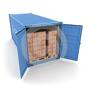Open Shipping Container with Cargo on a White