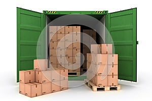Open Shipping Container with Cargo on a White