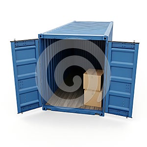 Open shipping container with stacked cardboard boxes inside