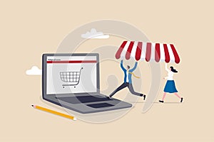 Open shop online, start e-commerce store selling product online, build website create virtual store in the internet concept,