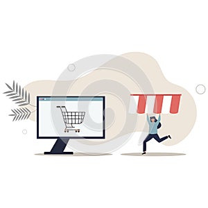 Open shop online, start e-commerce store selling product online, build website create virtual store in the internet concept.flat