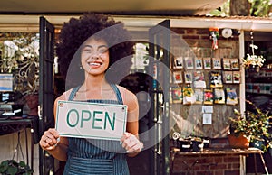 Open sign, black woman and garden shop owner of a small business manager portrait happy. Smile of a retail store