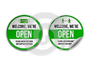 Open sign on green label - welcome back. Set of Information sign for front the door about working again.