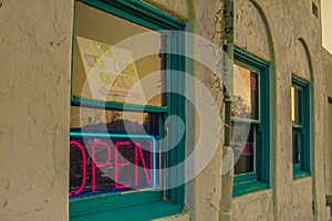 Open sign in old hotel in Death Valley Ranch