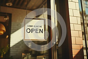 open sign Restaurant door handle with push sign on glass