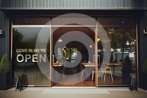 open sign Restaurant door handle with push sign on glass