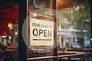 open sign Restaurant door handle with push sign on glass