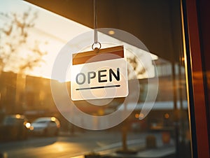 open sign Restaurant door handle with push sign on glass