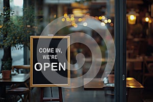 open sign Restaurant door handle with push sign on glass doors.