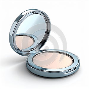 Open Silver Compact Powder Case with Mirror on White Background