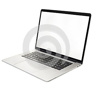 Open silver laptop computer with blank white screen on white background technology device