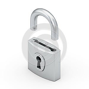 Open Silver Padlock with Keyhole on White Background unlocked security