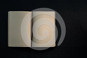 Open sketchbook on a black background. Blank sheets