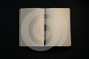 Open sketchbook on a black background. Blank sheets