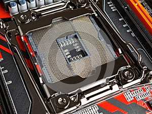 Open socket for microprocessor on motherboard close-up computer technology high-performance