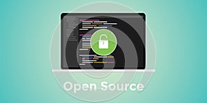 Open source code program technology software development with blue background