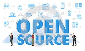 open source concept with big words and people surrounded by related icon with blue color style