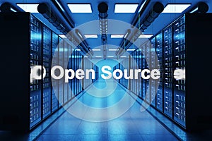 Open source logo in large modern data center with multiple rows of network internet server racks, 3D Illustration