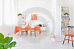 White and orange colored living room interior in modern home.