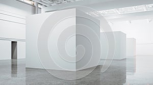 Open space large gallery interior with blank white boxes on concrete floor