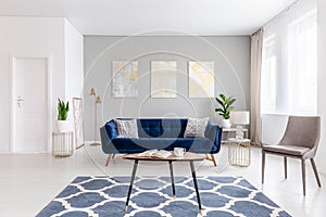 Open space living room interior with modern furniture of a navy blue settee, a beige armchair, a coffee table and other objects in