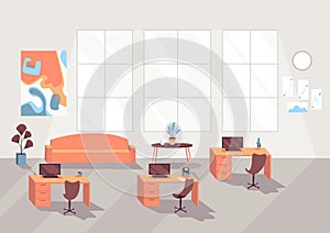 Open space office interior. Modern business workplace or workspace, creative co-working center empty no people. Business