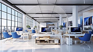 Open space office interior with white walls, computer desks, blue chairs and a framed vertical poster. 3d rendering mock up