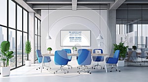 Open space office interior with white walls, computer desks, blue chairs and a framed vertical poster. 3d rendering mock up