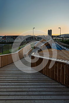 Open space for rest in modern Norway city. Architecture in Oslo