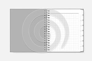 Open spiral grid lined notebook with divider tab pages, realistic mock-up. Wire bound white squared paper notepad, vector template