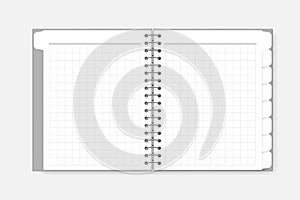 Open spiral grid lined notebook with divider tabs  vector mockup. Wire bound white squared paper diary with bookmark pages
