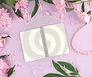 open spiral notebook with blank white pages on a purple background, blooming pink peonies