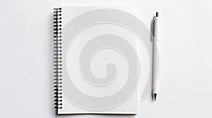 An open spiral notebook and a silver pen on a white background