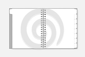 Open spiral notebook with tab divider pages letter size  vector mockup. White blank wire bound notepad spread  template