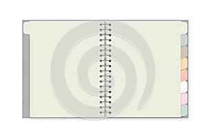 Open spiral notebook with tab divider pastel colored pages isolated on white background  realistic mockup