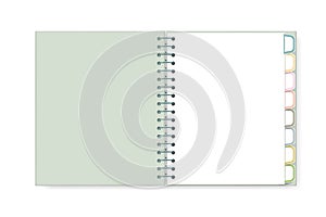 Open spiral notebook with tab dividers isolated on white background, realistic mock-up. Blank wire bound diary with color cover