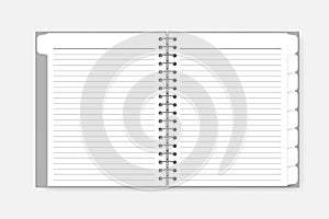 Open spiral notebook with tab dividers  vector mockup. Wire bound diary with white lined pages  template