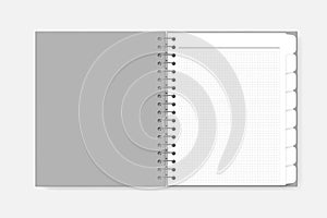 Open spiral white graph paper notebook with divider tab pages, realistic mockup. Wire bound bookmark sheet notepad spread, vector