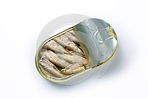 Open sprats can on white background