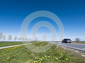 open spring landscape with road and car under blue sky in dutch province of flevoland