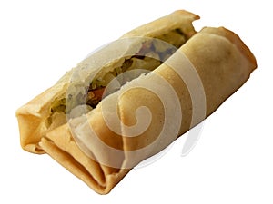 Open spring roll isolated on white background.