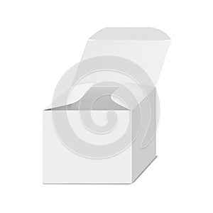 Open square paperboard box with hinged lid vector mock-up. White blank paper carton container packaging realistic mockup. Template