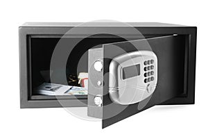 Open steel safe with money and jewelry isolated