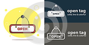 open store tag vector flat icon with open solid, line icons